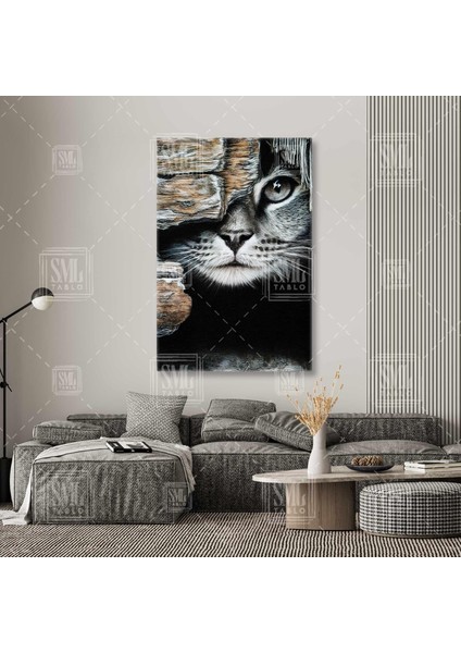 Tek Gözü Kapalı Kedi Çizimi Art Karakalem Kedi Cat Dikey Kanvas Tablo