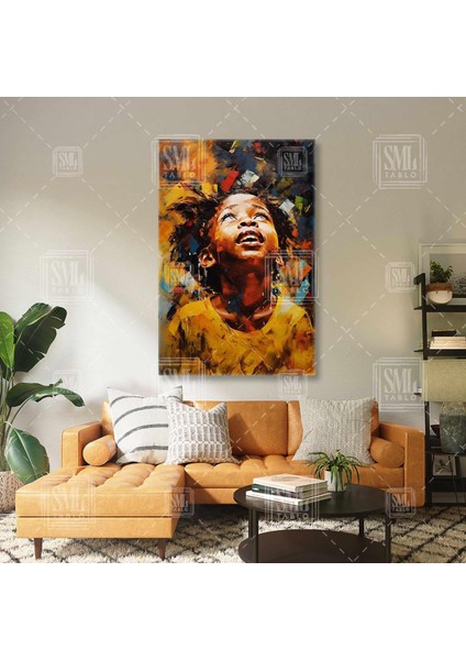 Afrikalı Kıvırcık Saçlı Sevimli Çocuk Mutluluğun Resmi Abstract Dikey Kanvas Tablo
