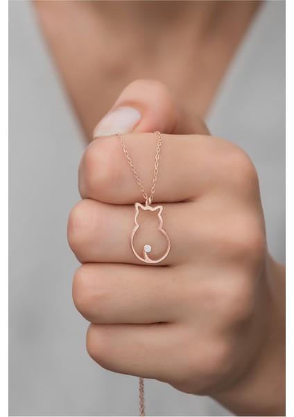 925 Ayar Gümüş Pembe Zirkon Kedi Kolye, Rose Gold Işıltısıyla Şıklık Katıyor