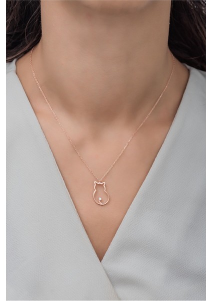 925 Ayar Gümüş Pembe Zirkon Kedi Kolye, Rose Gold Işıltısıyla Şıklık Katıyor
