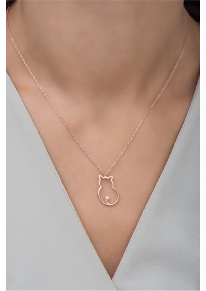 925 Ayar Gümüş Pembe Zirkon Kedi Kolye, Rose Gold Işıltısıyla Şıklık Katıyor