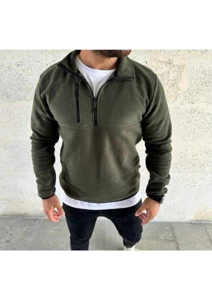 Erkek Yarım Fermuarlı Göğüs Cep Detaylı Haki Yeşil Polar Sweatshirt