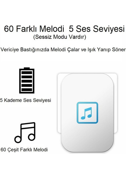 2 Buton 1 Alıcı Su Geçirmez Beyaz Pilsiz Kablosuz LED Kapı Zili modelleri