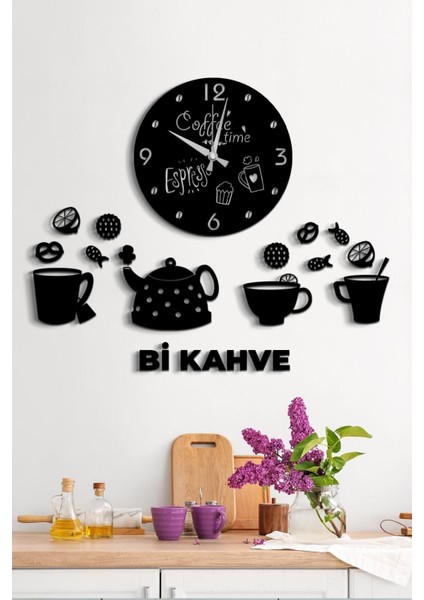 Kahve Zamanı Bi Kahve Yazılı Mutfak Dekoratif Duvar Saati