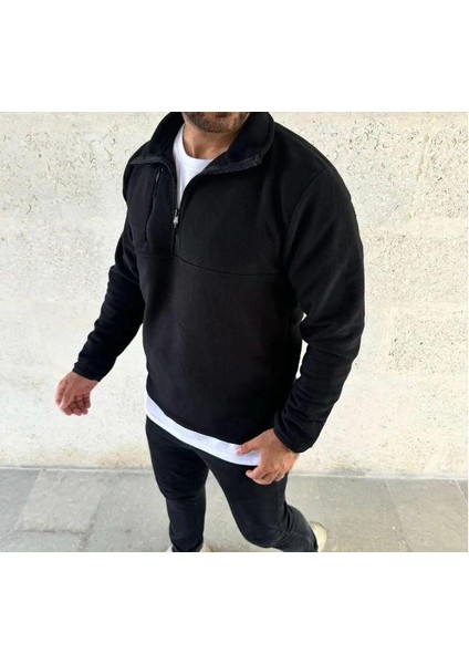 Erkek Yarım Fermuarlı Göğüs Cep Detaylı Siyah Polar Sweatshirt