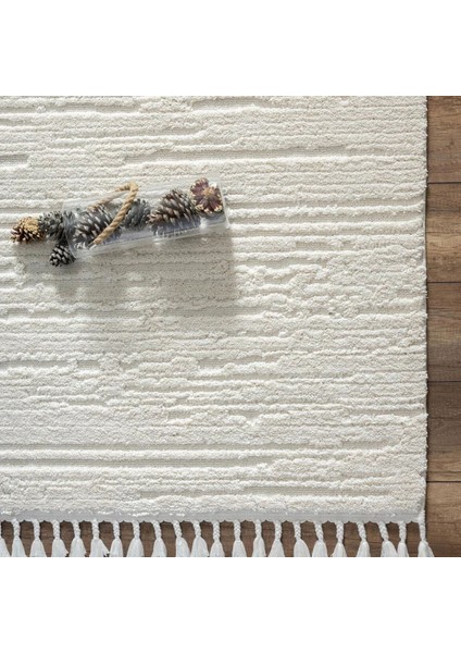 Bilbao White Swan Saçaklı Çizgi Desenli Halı - Krem - 160X230 cm