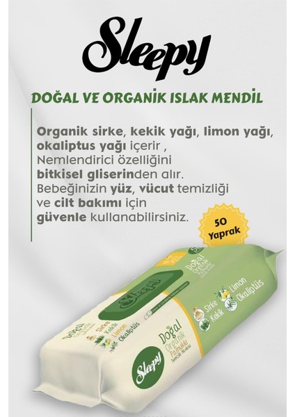 7 Adet Sleepy Doğal ve Organik Islak Mendil 50'li ve Rosıe