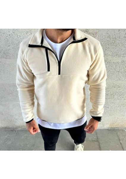 Erkek Yarım Fermuarlı Gögüs Cep Detaylı Ekru Polar Sweatshirt