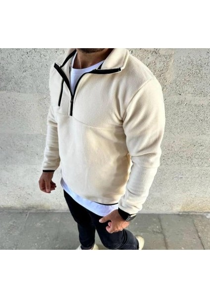 Erkek Yarım Fermuarlı Gögüs Cep Detaylı Ekru Polar Sweatshirt