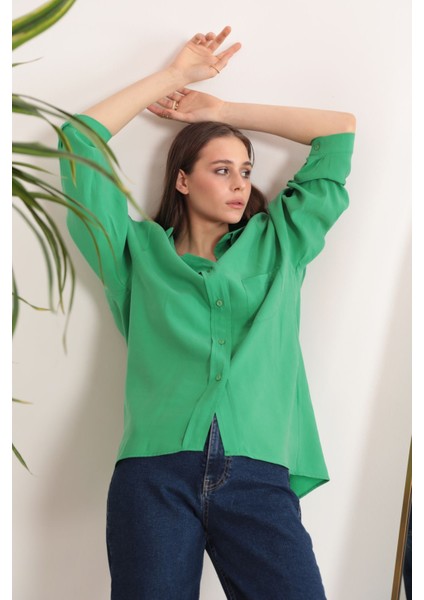 Modal Kumaş Oversize Kadın Gömlek-Yeşil