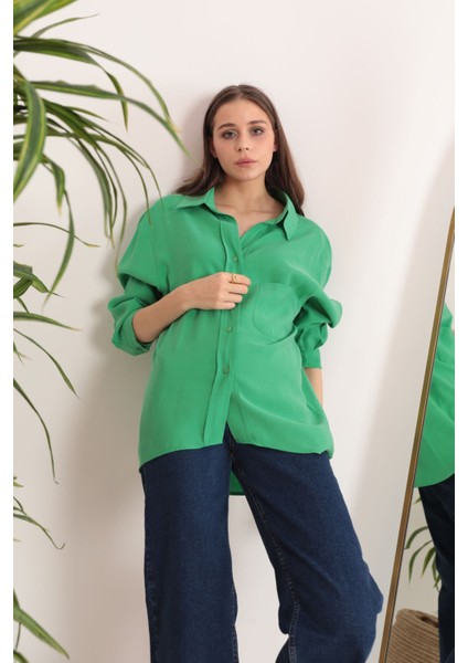 Modal Kumaş Oversize Kadın Gömlek-Yeşil