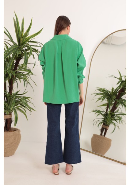 Modal Kumaş Oversize Kadın Gömlek-Yeşil