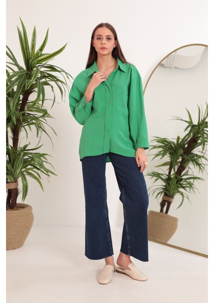 Modal Kumaş Oversize Kadın Gömlek-Yeşil