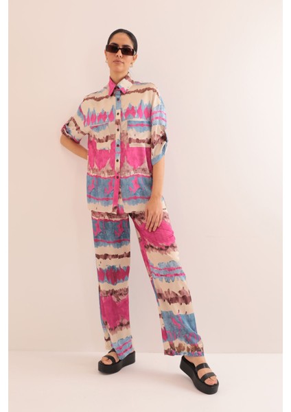 Saten Kumaş Batik Desen Beli Lastikli Kadın Pantolon-Fuşya