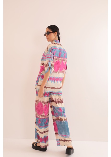 Saten Kumaş Batik Desen Beli Lastikli Kadın Pantolon-Fuşya modelleri