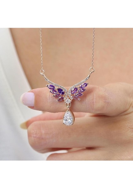 Ametist Taşlı Melek Figürü Rosegold Gümüş Kolye, 925 Ayar, Zirkon, Bej Renk