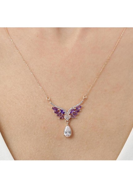 Ametist Taşlı Melek Figürü Rosegold Gümüş Kolye, 925 Ayar, Zirkon, Bej Renk