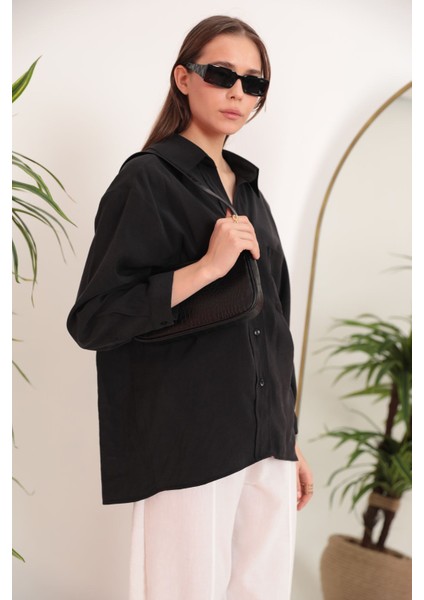 Modal Kumaş Oversize Kadın Gömlek-Siyah