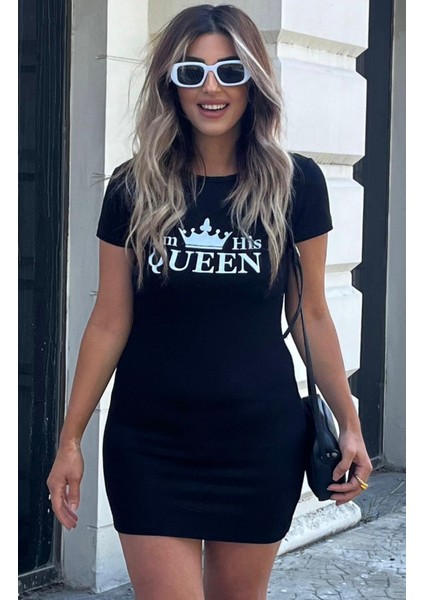 Gu Moda Kadın Kısa Kollu Queen Baskı Iki Iplik Mini Elbise