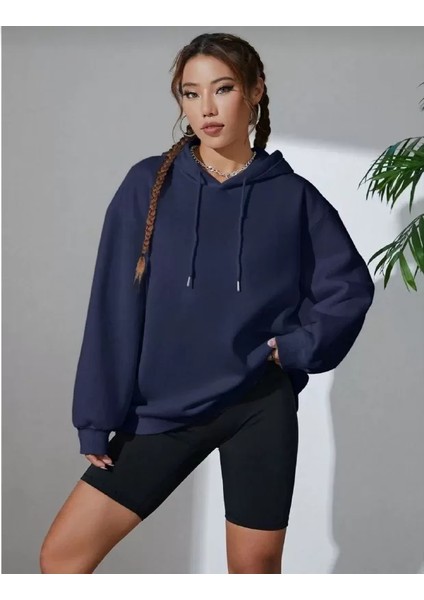 Kadın Uzun Kol Kapşonlu Basic Sweatshirt Hoodie - Lacivert