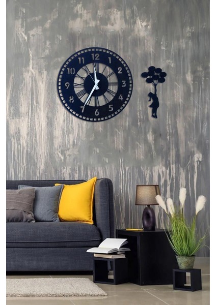 Roma Ve Latin Rakamli Ahşap Duvar Saati Balonlu Kız Figürlü