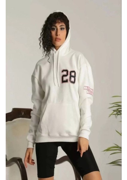 Unisex Kapşonlu Baskılı Sweetshirt - Beyaz fiyatları