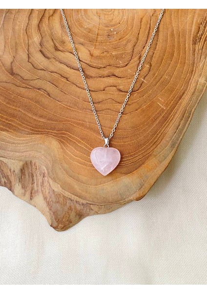 Pembe Kuvars Doğaltaş Kalp Kolye