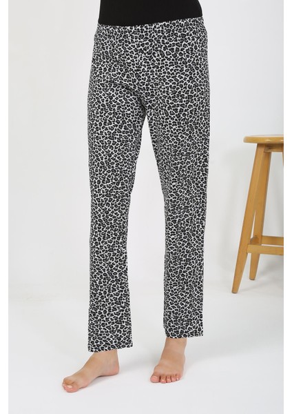 Moda Çizgi Kadın Penye Leopar Desenli Tek Alt Pijama 27536 Gri