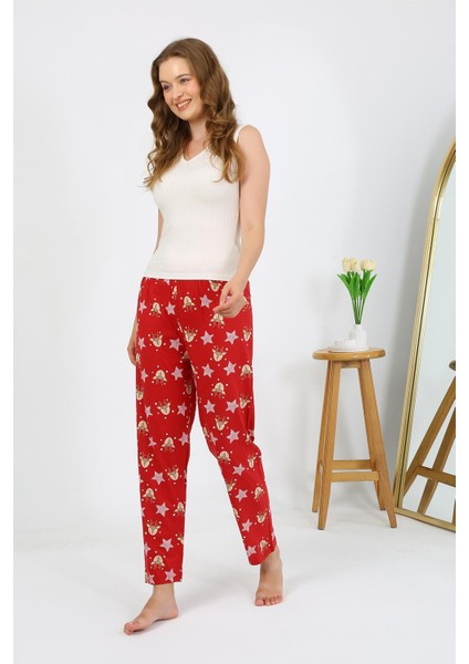 Kadın Penye Desenli Tek Alt Pijama 27530 Bordo