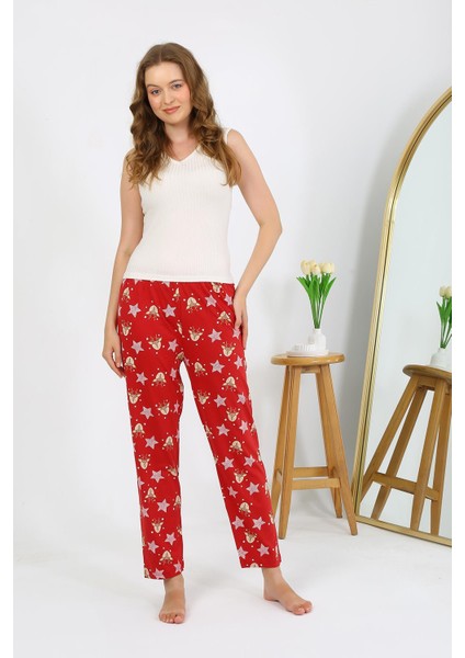 Kadın Penye Desenli Tek Alt Pijama 27530 Bordo