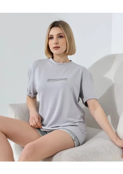 Unisex Bisiklet Yaka Baskılı Slim Fit T-Shirt - Boyalı Gri