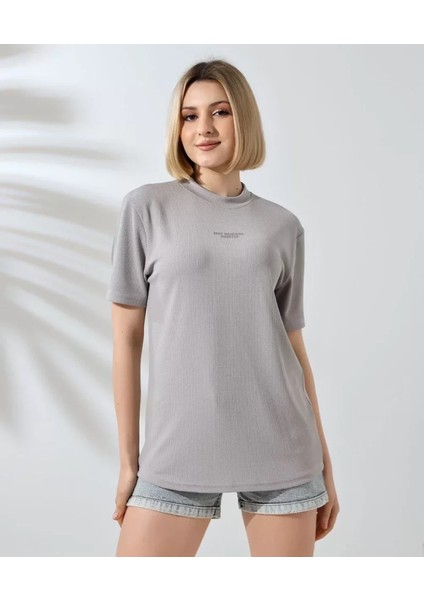 Unisex Bisiklet Yaka Baskılı Slim Fit T-Shirt - Boyalı Gri