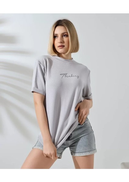 Unisex Bisiklet Yaka Baskılı Slim Fit T-Shirt - Boyalı Gri