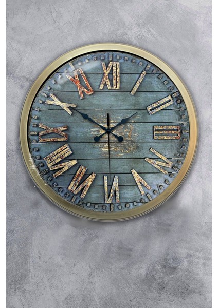 Yuvarlak 40 cm Eskitme Metal Ahşap Görünümlü Duvar Saati Altın Modern 40 x 40