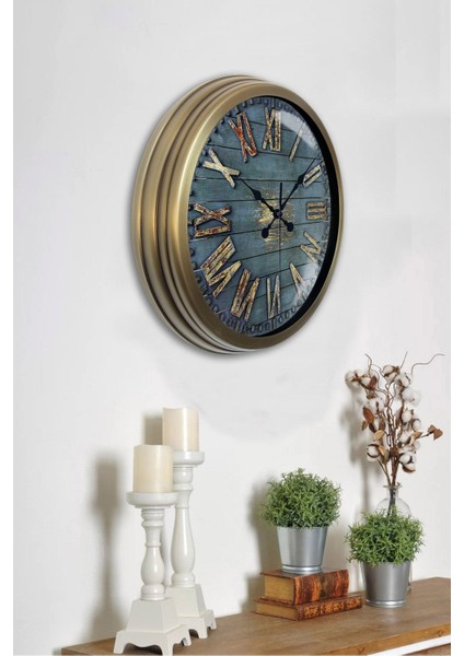 Yuvarlak 40 cm Eskitme Metal Ahşap Görünümlü Duvar Saati Altın Modern 40 x 40 fiyatları