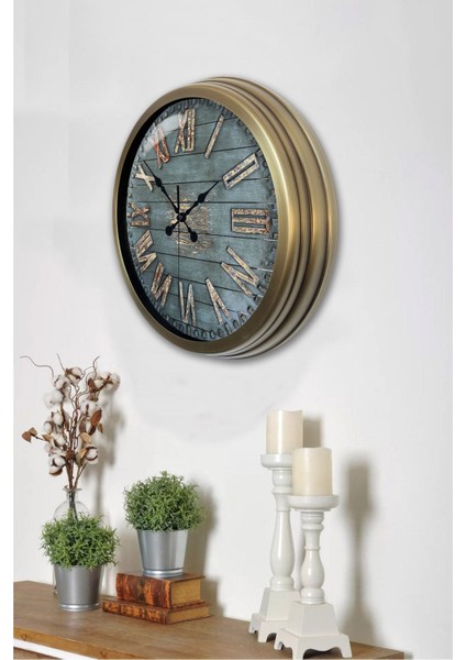 Yuvarlak 40 cm Eskitme Metal Ahşap Görünümlü Duvar Saati Altın Modern 40 x 40 modelleri