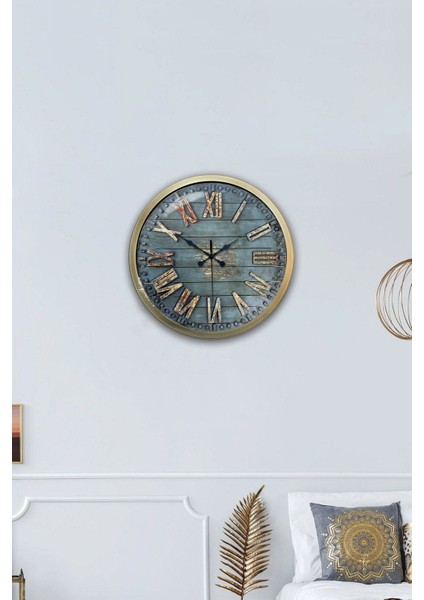 Yuvarlak 40 cm Eskitme Metal Ahşap Görünümlü Duvar Saati Altın Modern 40 x 40 fırsatları
