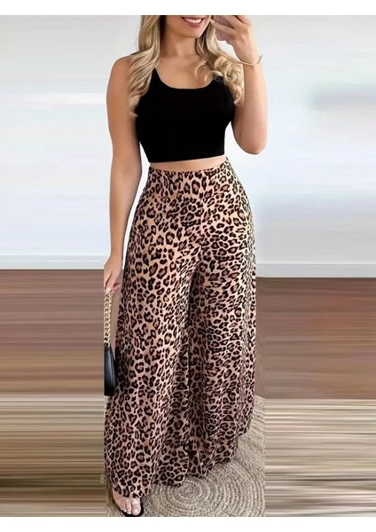 Kadın Üst Askılı Yuvarlak Yaka Viskon Bluz Alt Leopar Desenli Süprem Pantolon Takım