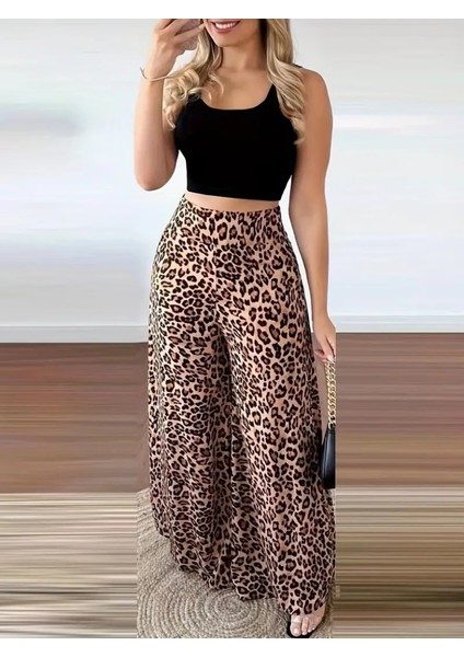 Kadın Üst Askılı Yuvarlak Yaka Viskon Bluz Alt Leopar Desenli Süprem Pantolon Takım modelleri