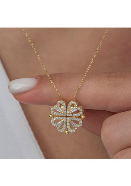 Kalpli Açılabilir Yonca Figürlü Gold KOLYE-925 Ayar Gümüş