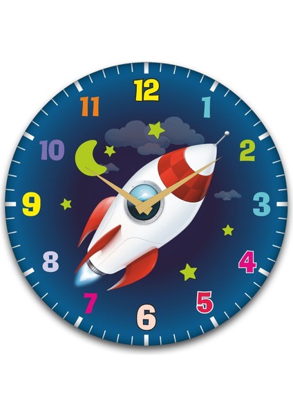 Çocuk Odası Duvar Saati / Roket Uzay Temalı Duvar Saat / Dijital Duvar Saat / Uv Baskılı / 48 cm