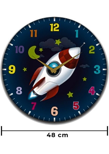 Çocuk Odası Duvar Saati / Roket Uzay Temalı Duvar Saat / Dijital Duvar Saat / Uv Baskılı / 48 cm modelleri