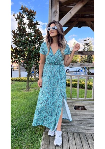 Kadın Kısa Kollu V Yaka Etnik Desenli Yırtmaç Detay Süprem Elbise (Kemersiz) modelleri