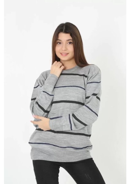 Unisex Ince Çizgili Bisiklet Yaka Triko Kazak - Gri