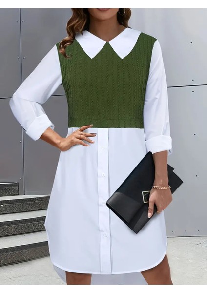 Kadın Uzun Kollu Gömlek Yaka Çift Renkli Trikoton Elbise fiyatları