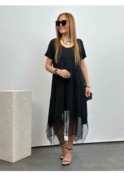 Kadın Viskon Kumaş Tül Detaylı Asimetrik Elbise fiyatları