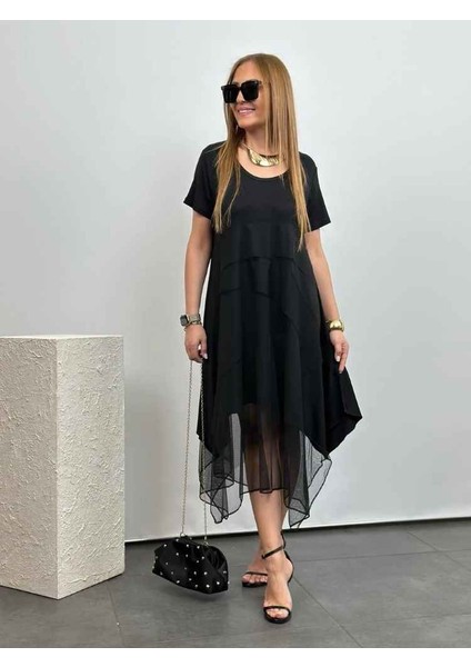 Kadın Viskon Kumaş Tül Detaylı Asimetrik Elbise fırsatları