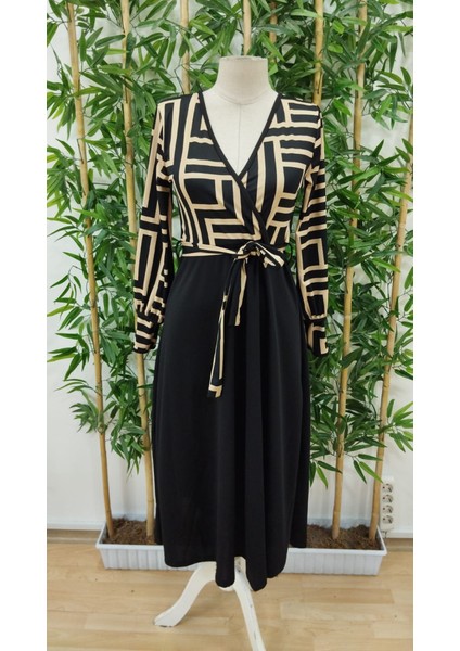 Kadın Uzun Kollu Kruvaze Yaka Dalgıç Krep Midi Boy Elbise fırsatları