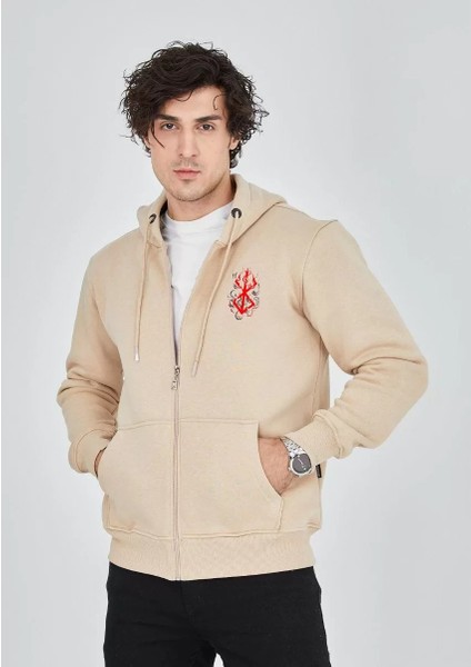 Unisex Baskılı Tam Fermuarlı Kapşonlu Sweatshirt - Bej