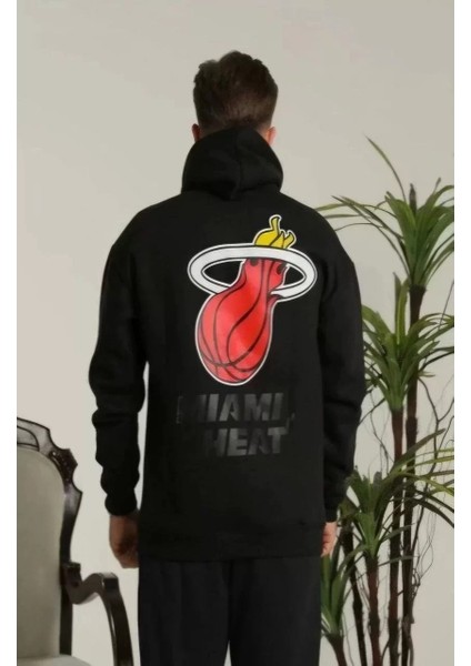 Unisex Kapşonlu Baskılı Sweetshirt - Siyah